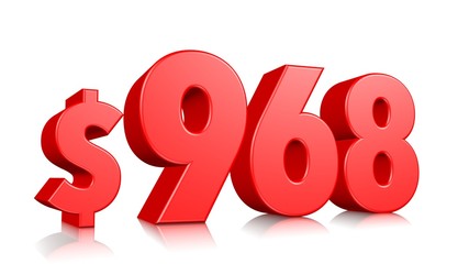 968$ Nine hundred and sixty eight price symbol. red text number 3d render with dollar sign on white background