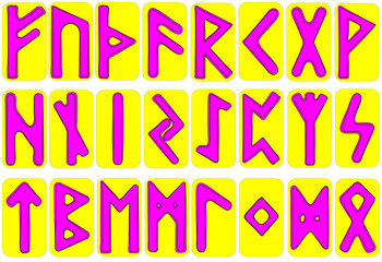 Scandinavian runes pink letters on yellow cards