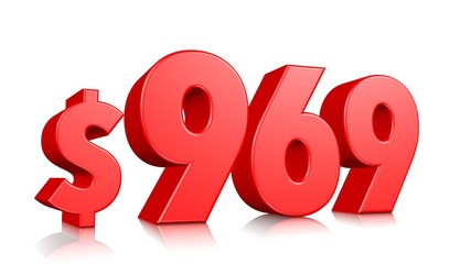 969$ Nine hundred and sixty nine price symbol. red text number 3d render with dollar sign on white background