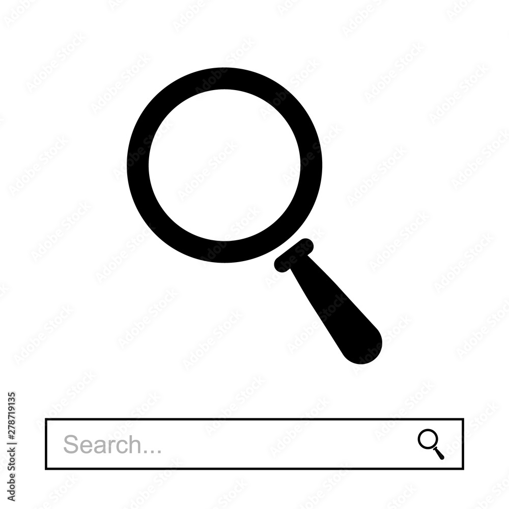 Poster vector magnifier icon for search bar. modern flat magnifying glass icon with ready search bar.