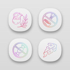 No sugar products app icons set. Dietary organic food, healthy eating. UI/UX user interface. Glucose free and low carbs keto diet. Web or mobile applications. Vector isolated illustrations