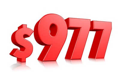 977$ Nine hundred and seventy seven price symbol. red text number 3d render with dollar sign on white background