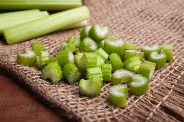sliced celery on burlap