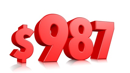 987$ Nine hundred and eighty seven price symbol. red text number 3d render with dollar sign on white background