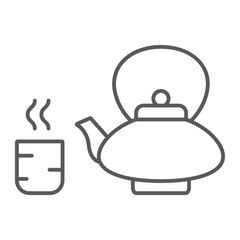 Japanese tea thin line icon, asian and drink, kettle and cup sign, vector graphics, a linear pattern on a white background.