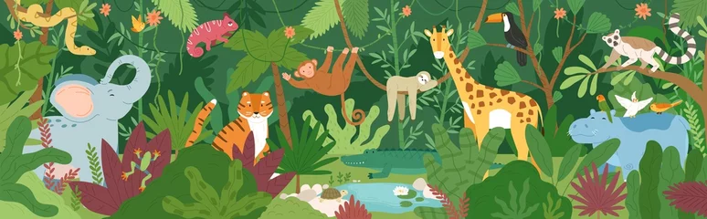  Schattige exotische dieren in tropisch bos of regenwoud vol palmbomen en lianen. Flora en fauna van de tropen. Leuke grappige bewoners van de Afrikaanse jungle. Platte cartoon kleurrijke vectorillustratie. © Good Studio