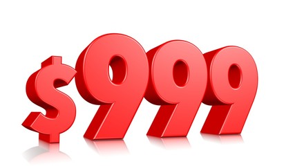 999$ Nine hundred ninety nine price symbol. red text number 3d render with dollar sign on white background