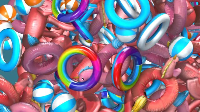 Seamless animation of a bunch of bouncing rainbow inflatable rings. Funny summer background.