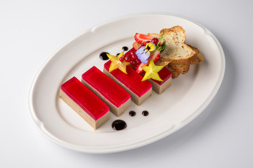 Quiche, casser ducky, turkey, or chicken  pate with berries jelly. Banquet festive dishes. Gourmet restaurant menu. White background.