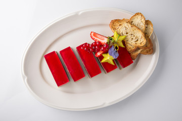 Quiche, casser ducky, turkey, or chicken  pate with berries jelly. Banquet festive dishes. Gourmet restaurant menu. White background.