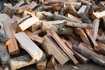 A pile of chopped firewood lies on the ground. The material for heating.