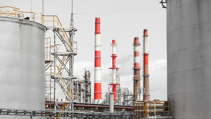 Industrial area of the refinery. Tankers for oil products storage