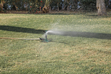 automatic lawn irrigation system in the park. sprinkling the grass and plants