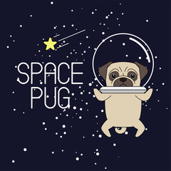 Pug in an astronaut's helmet. Pug astronaut flies in space. Vector illustration