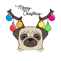 Funny Christmas pug puppy dog wearing reindeer antlers diadem for Christmas, Vector illustration.