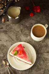 Cheesecake with cherry on dark background. Homemade cake, dessert.