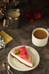 Cheesecake with cherry on dark background. Homemade cake, dessert.