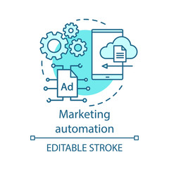 Marketing automation blue concept icon. Digital marketing software idea thin line illustration. Technological platform. Ads management organization. Vector isolated outline drawing. Editable stroke