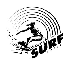 Surfer and Wave. Women's surfing emblem. Black and white round composition on the topic beach