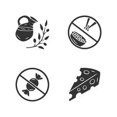 No sugar organic products glyph icons set. Dietary food healthy eating. Glucose free and low carbs keto diet. Silhouette symbols. Natural fresh drink, Swiss cheese vector isolated illustration