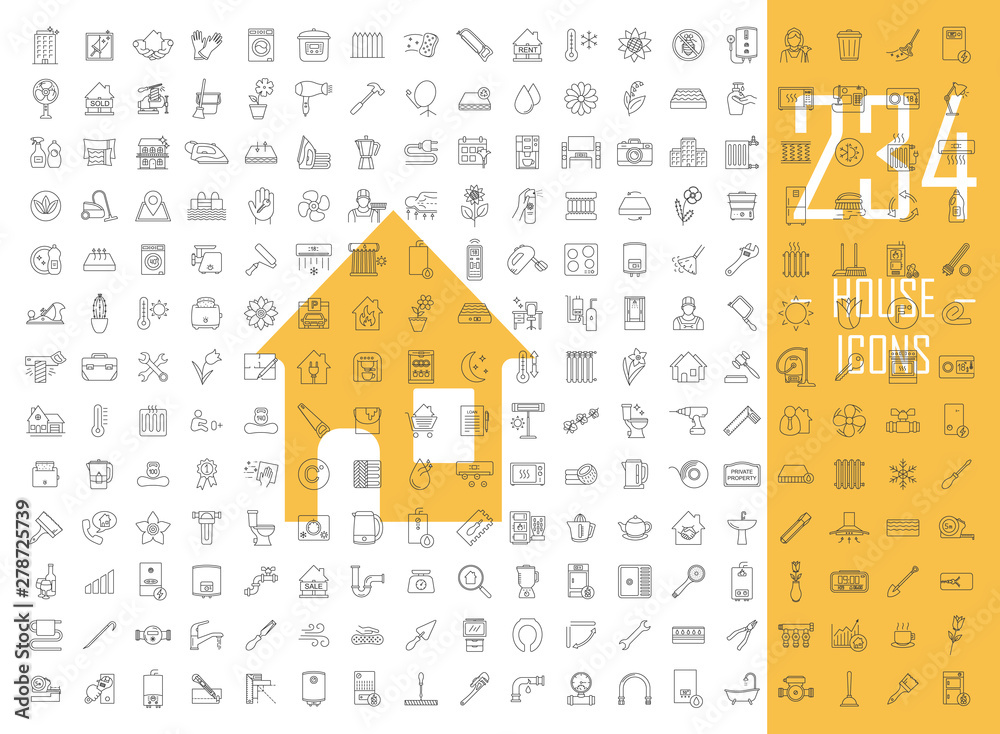 Wall mural House linear icons big set. Thin line contour symbols. Cleaning service, housework. Real estate, property. Home appliances and furniture. Isolated vector outline illustrations. Editable stroke