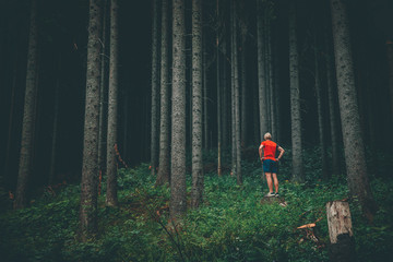 Man and nature. Sportsman in a red shirt stands in a coniferous forest