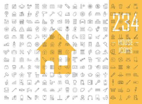 House linear icons big set. Thin line contour symbols. Cleaning service, housework. Real estate, property. Home appliances and furniture. Isolated vector outline illustrations. Editable stroke