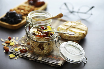 Healthy breakfast. Muesli from cereals with milk berries.