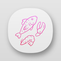 Seafood app icon. Omega 3 source products UI/UX user interface. Gourmet restaurant meal. Web or mobile application. Salmon fish, shrimp and lobster claw vector isolated illustration