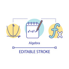 Algebra courses, lessons concept icon. Advanced calculations, learning advanced algebra idea thin line illustration. Algebraic formula. Vector isolated outline drawing. Editable stroke