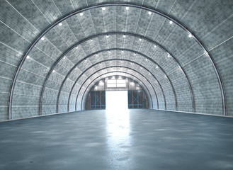 Hangar interior with gate. 3d illustration