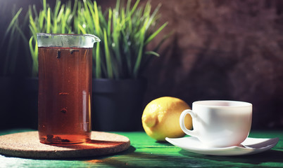 Brewing tea on a wooden table