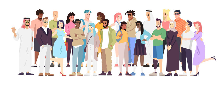 Demographic diversity flat vector illustration. Different nations representatives standing together. Arabian, European, Hispanic word cooperation. Multiethnic society, globalized community