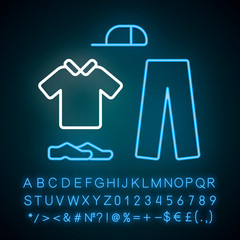 Cricket uniform neon light icon. Sport flannels. Sportswear. Collared shirt, long trousers, cap, shoes. Man outfit. Glowing sign with alphabet, numbers and symbols. Vector isolated illustration