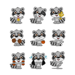 Set of funny raccoon in cartoon style in different sports and with prizes isolated on white background