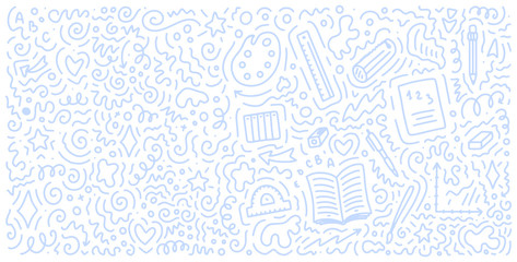 Welcome back to school doodle background. Template for sale banner. Hand drawn elements. Education concept. Typography emblem.