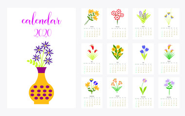 Calendar Layout for 2020 years. Calendar design with the main symbols of the love  .Simple design template,colorful vector typography set. Vertical calender.