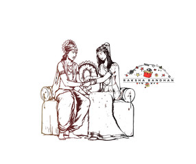 Happy Raksha Bandhan celebration Poster. Subhadra tying Rakhi to Krishna on Raksha Bandhan. Hand Draw Sketch Design Illustration.