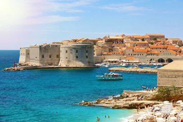 Fototapeta na wymiar Dubrovnik old town and Banje beach, Adriatic sea, Croatia