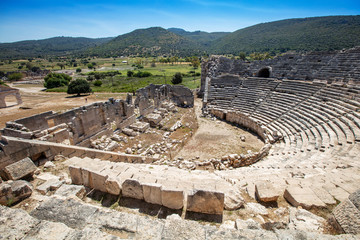 Patara (Pttra). Ruins of the ancient Lycian city Patara. Amphi-theatre and the assembly hall of Lycia public. Patara was at the Lycia (Lycian) League's capital. Aerial view shooting. Antalya, TURKEY