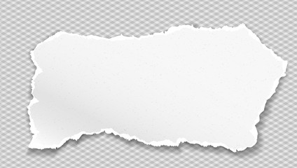 Piece of torn grainy paper strip with soft shadow is on grey squared background. Vector illustration