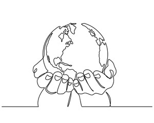 Continuous line drawing of hands holding Earth globe. Vector illustration isolated on white background