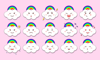 Cloud with a rainbow. A set of smiles. Different kawaii emotions.