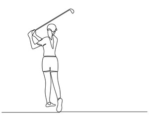 Continuous line drawing of the Golfer hit the ball in full swing to compete. Healthy Sport. Sporty woman golfer player doing golf. Healthy Lifestyle Concept isolated on white background.