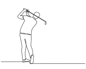 Continuous line drawing of the Golfer hit the ball in full swing to compete. Healthy Sport. man golfer player doing golf. Healthy Lifestyle Concept isolated on white background.