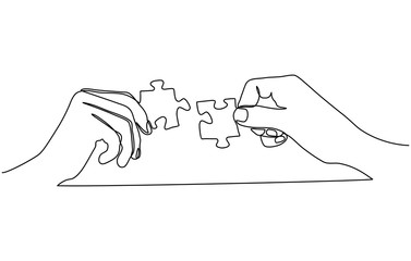 Continuous line drawing of hands solving Two Puzzle Pieces isolated on white background.