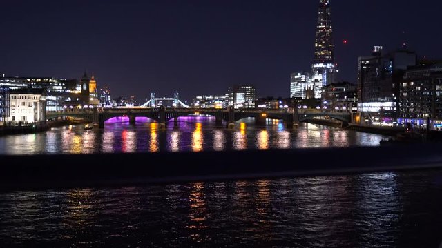 London Thames River Skyline at Night With Tower Bridge and Shard in Distance