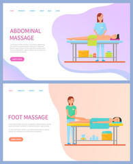 Masseuse doing abdominal and foot massage for clients vector. Web page with flat people making spa procedures and lying on table, healthcare and relaxation