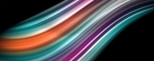 Abstract wave lines fluid rainbow style color stripes on black background. Artistic illustration for presentation, app wallpaper, banner or poster