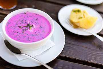 Traditional lithuanian cold beetroot pink soup